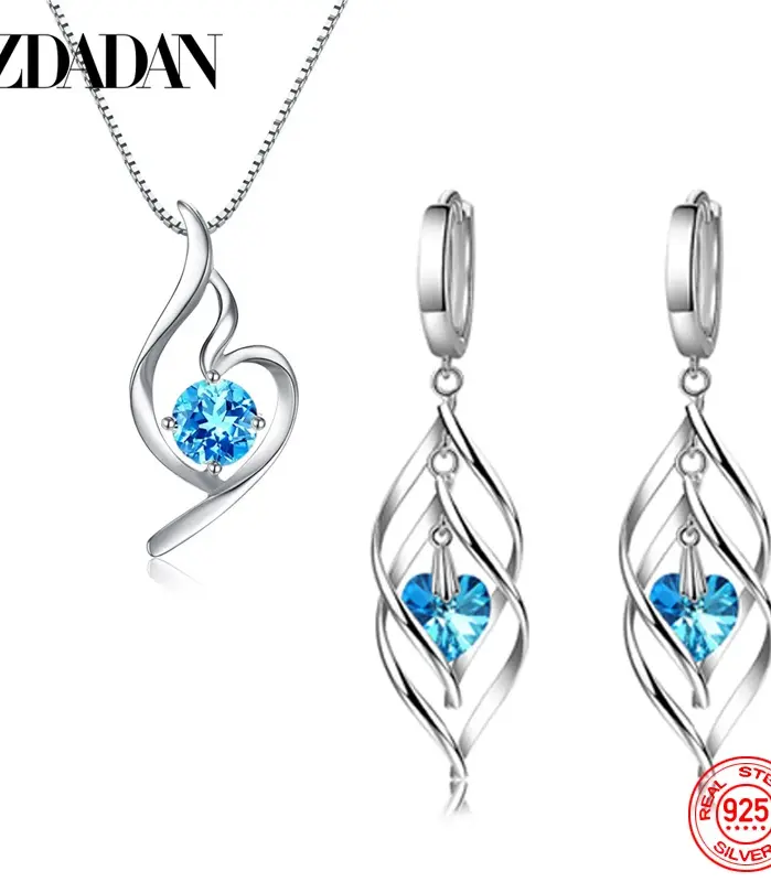 ZDADAN-Conjunto de pendientes y collar de cristal azul para mujer, de Plata de Ley 925, joyería de boda, regalo de fiesta 1