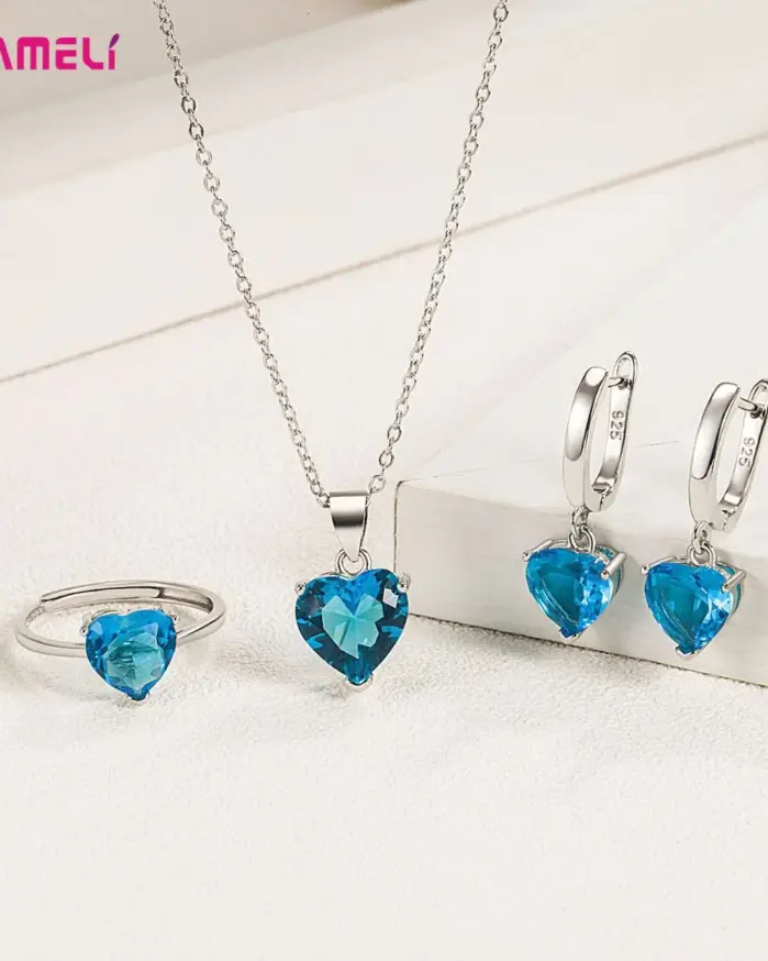 Conjuntos de regalo de joyería fina de Plata de Ley 925 para mujer, pendientes Huggie de circón con corazón romántico, colgante, collar, anillo 2