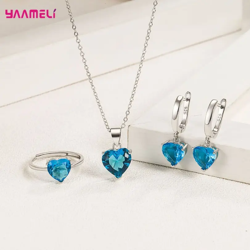 Conjuntos de regalo de joyería fina de Plata de Ley 925 para mujer, pendientes Huggie de circón con corazón romántico, colgante, collar, anillo 2