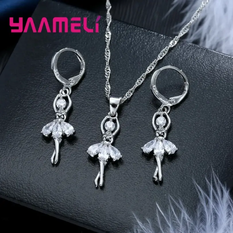 Conjuntos de joyería de alta gama para mujer, figura de Ballet para niñas, collar y pendientes de aro de Color Plata de Ley 925 habituales 3