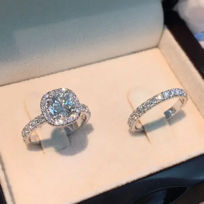 2 unids/set de anillos de piedra de circón AAA de cristal de lujo para mujer, anillos de boda nupciales a la moda para mujer, anillos de amor 2