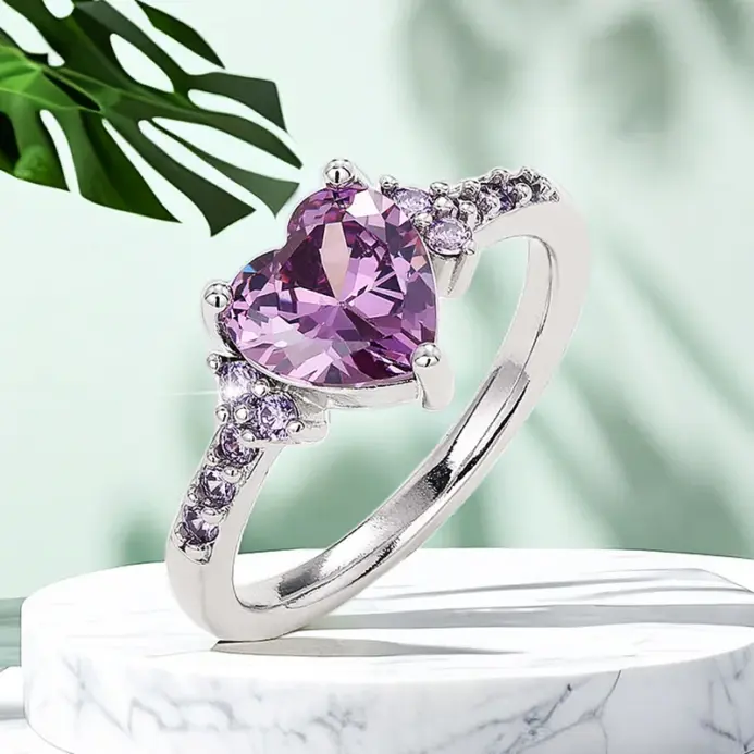 anillos de circonia cúbica con corazón púrpura para mujer, accesorios únicos de compromiso de boda, regalo elegante para mujer, joyería romántica de moda 1