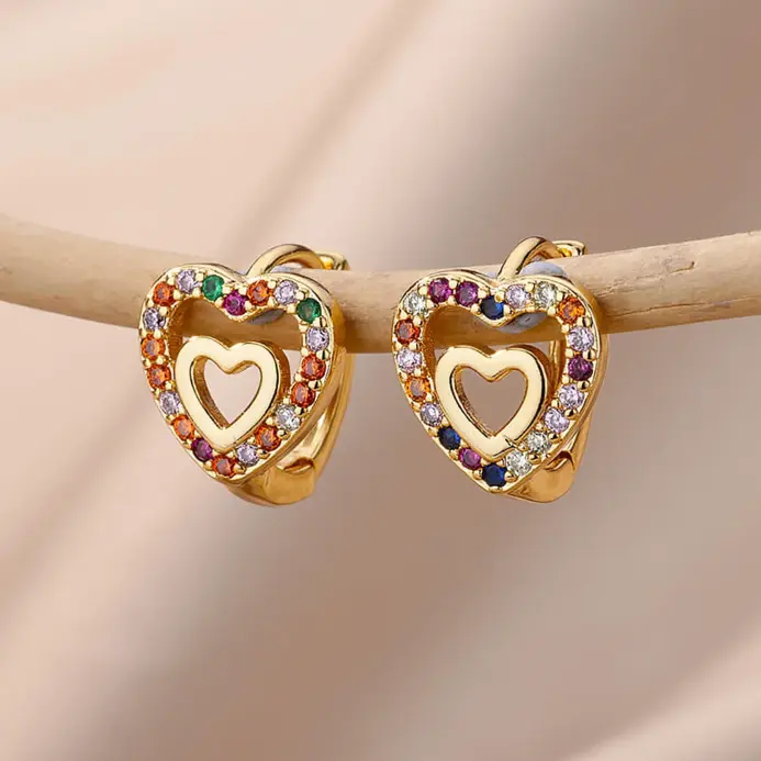 Pendientes de circón de colores en forma de corazón para mujer, aretes de aro de acero inoxidable de lujo, joyería estética romántica de tendencia 2023 1