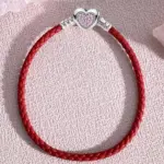 Pulsera de cuerda de cuero negro con cuentas de corazón de amor de Plata de Ley 925, fabricación artesanal, pulseras originales para mujer, regalo de joyería fina 6