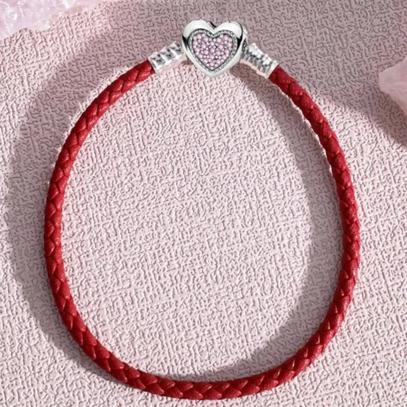 Pulsera de cuerda de cuero negro con cuentas de corazón de amor de Plata de Ley 925, fabricación artesanal, pulseras originales para mujer, regalo de joyería fina 6