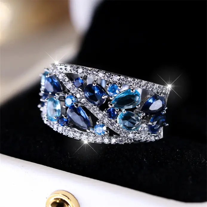 Anillo de piedra de gota de agua de cristal azul real, anillos de compromiso de Aguamarina simulada para mujer, banda de fiesta de boda de Color plata Vintage 1