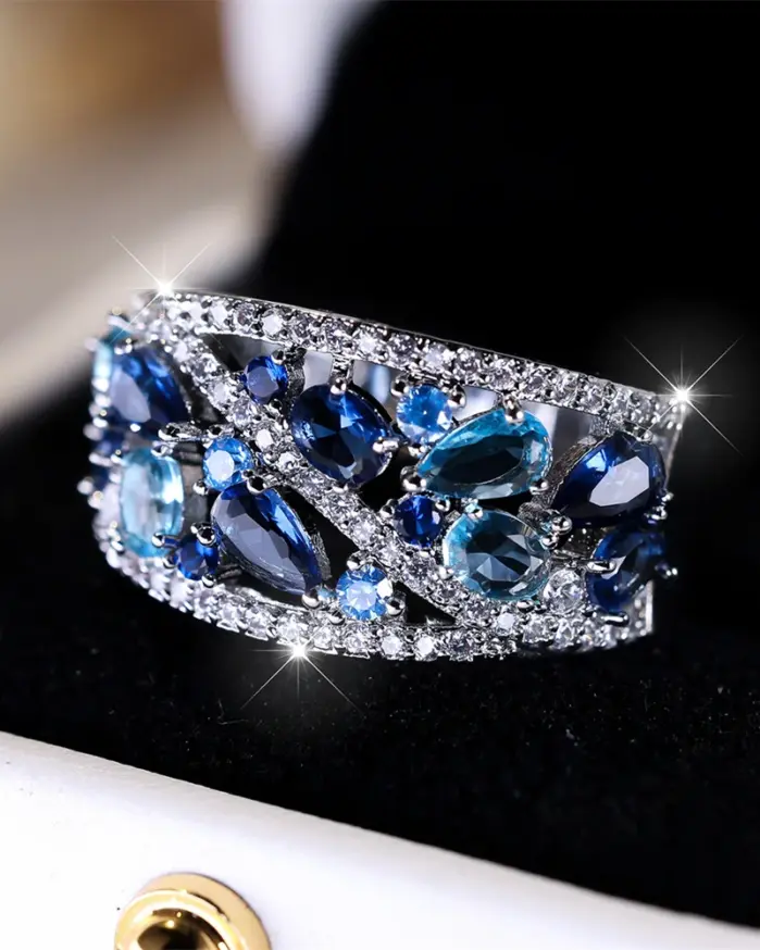 Anillo de piedra de gota de agua de cristal azul real, anillos de compromiso de Aguamarina simulada para mujer, banda de fiesta de boda de Color plata Vintage 1