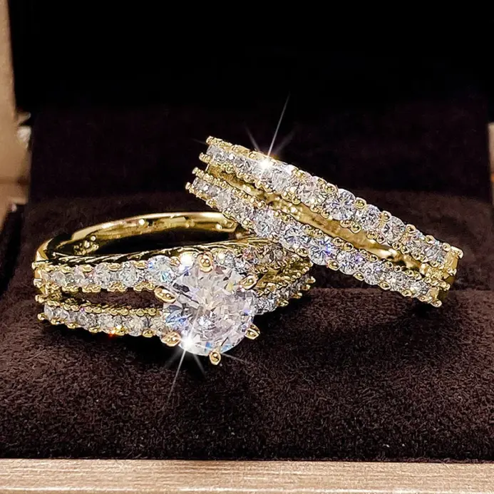 conjunto de anillos huecos a la moda, repleto de joyas, piedra CZ helada, anillos de compromiso de boda de lujo para mujer, conjunto de 2 uds de joyería, envío directo 1
