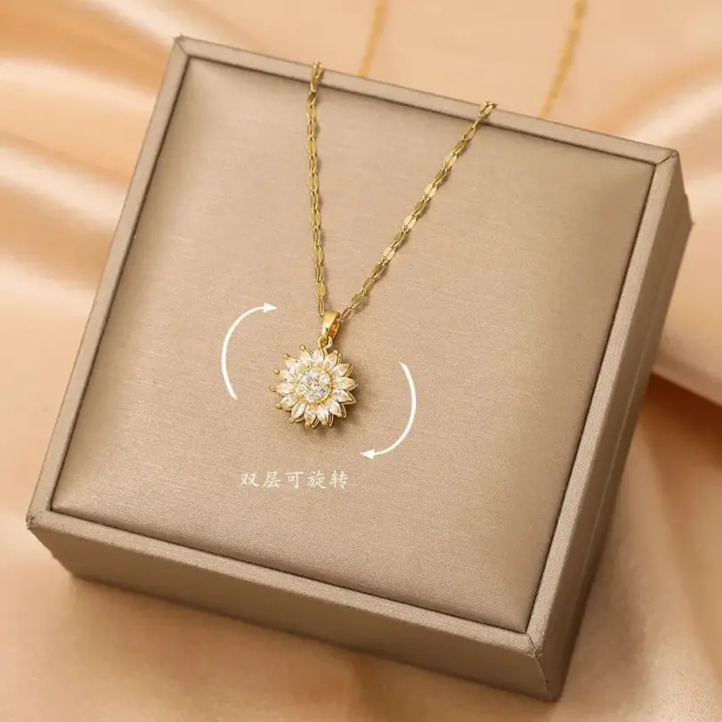 Collares de circonita de acero inoxidable con girasol giratorio para mujer, collar de cristal de Metal, regalos de fiesta de cumpleaños, joyería de moda 4