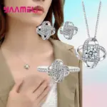 Conjunto de joyería de flores para mujer, colgante de Color Plata de Ley 925, collar, pendientes, anillo de dedo para mujer, regalo de cumpleaños y Navidad 1