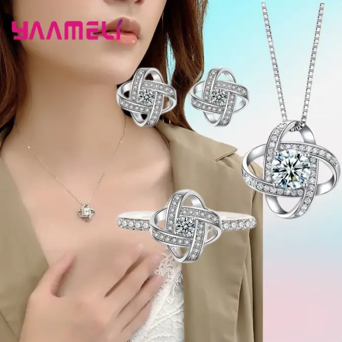 Conjunto de joyería de flores para mujer, colgante de Color Plata de Ley 925, collar, pendientes, anillo de dedo para mujer, regalo de cumpleaños y Navidad 1
