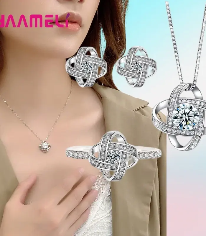 Conjunto de joyería de flores para mujer, colgante de Color Plata de Ley 925, collar, pendientes, anillo de dedo para mujer, regalo de cumpleaños y Navidad 1