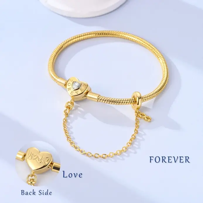 Pulsera Original de Plata de Ley 925, pulsera con dije de corazón dorado y mariposa, pulsera de cadena de seguridad de 17-20CM para mujer, regalos de joyería 3