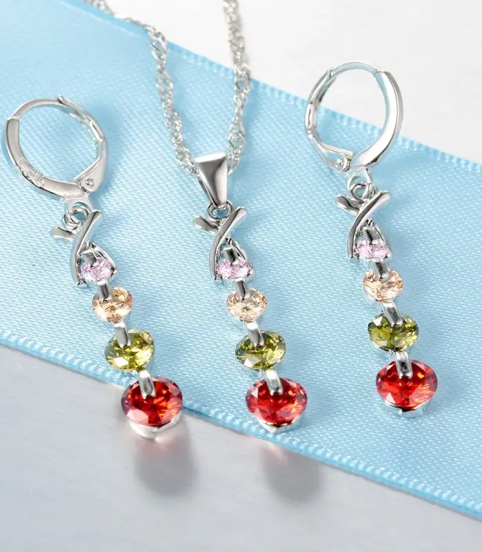 Conjuntos de joyería nupcial de Color plata esterlina 925, cuentas de joyería de moda, circonita cúbica CZ, aniversario de compromiso para mujeres y niñas 2