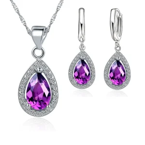 Conjunto clásico de Plata de Ley 925 con colgante de cristal en forma de gota de agua para mujer, conjunto de pendientes de gota, conjuntos de joyería nupcial para boda 1