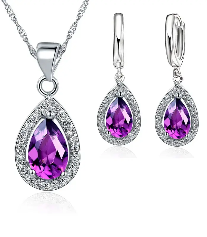 Conjunto clásico de Plata de Ley 925 con colgante de cristal en forma de gota de agua para mujer, conjunto de pendientes de gota, conjuntos de joyería nupcial para boda 1