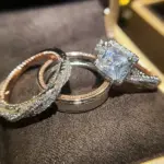 Conjunto de anillos de boda para novia, corte princesa de lujo, circonita cúbica, accesorios elegantes, joyería brillante para boda y hombre 14