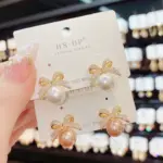 Pendientes brillantes con lazo de diamantes de imitación y perlas, joyería ligera de lujo, regalos para mujer, boda y cumpleaños 3
