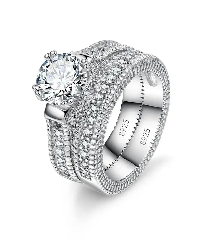 Conjunto de anillos de compromiso de boda elegantes, accesorio de aniversario de Color Plata de Ley 925 con piedra de circón Cubiz totalmente brillante 1