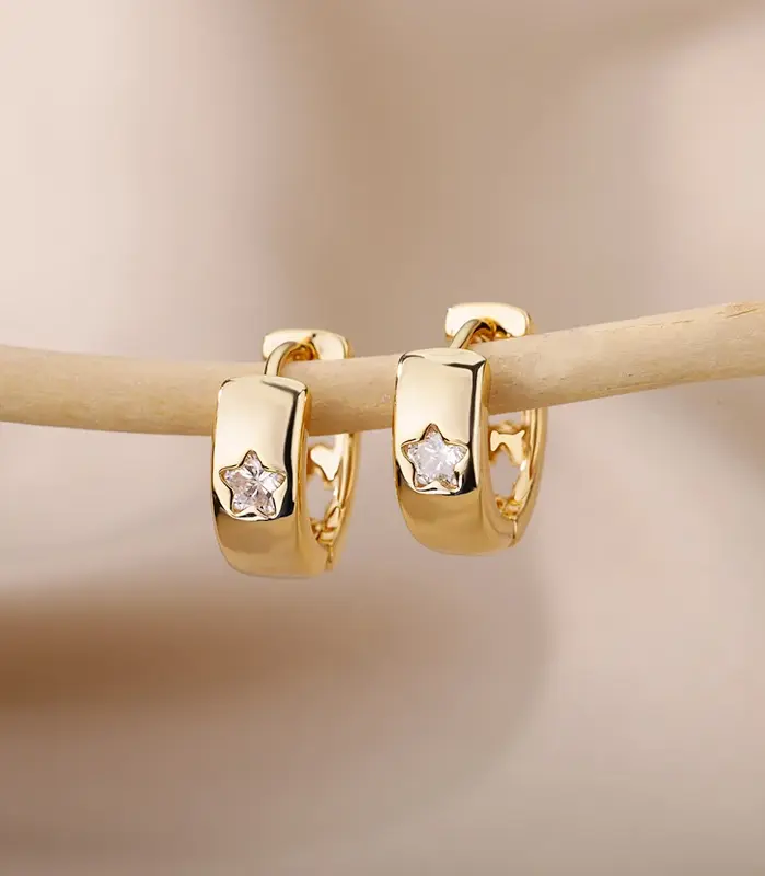 Pendientes de aro de estrella de circón para mujer, aretes redondos de acero inoxidable de Color dorado, joyería de boda de tendencia 2023 1