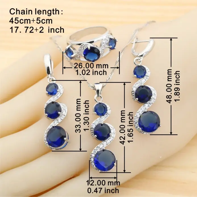 Juegos de joyas para mujer de plata 925 con circonita azul clásica, pendientes, collar, colgante, anillo, pulsera, regalo de boda 2