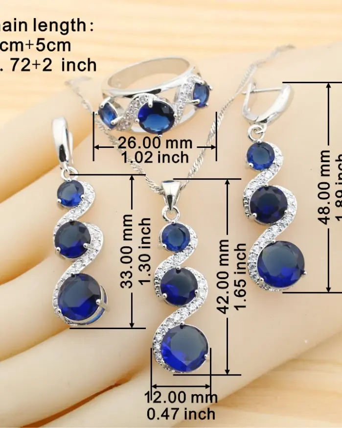 Juegos de joyas para mujer de plata 925 con circonita azul clásica, pendientes, collar, colgante, anillo, pulsera, regalo de boda 2