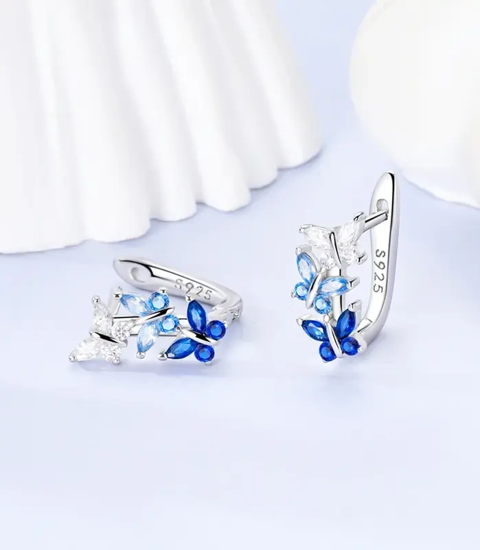 Pendientes de mariposa de circonio azul de Plata de Ley 925 originales, pendientes de aro de colores, pendientes finos de fiesta para mujer, joyería 2