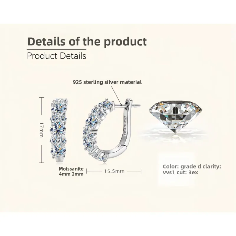 Pendientes de Plata de Ley 925 con Moissanita, Color D, 2.76 Quilates, Pendientes de Aro con Diamantes de Laboratorio, Joyería Fina Brillante para Bodas 5