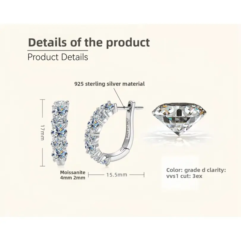 Pendientes de Plata de Ley 925 con Moissanita, Color D, 2.76 Quilates, Pendientes de Aro con Diamantes de Laboratorio, Joyería Fina Brillante para Bodas 5