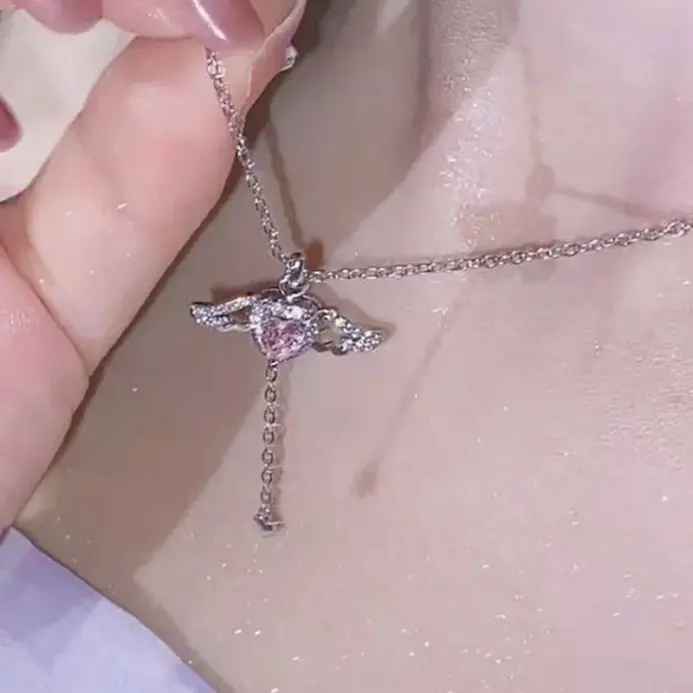 Conjunto de collares con colgante de corazón y alas de Ángel de cristal para mujer y niña, collar elegante de amor de circón blanco y rosa Y2K, conjunto de joyería para mujer 2