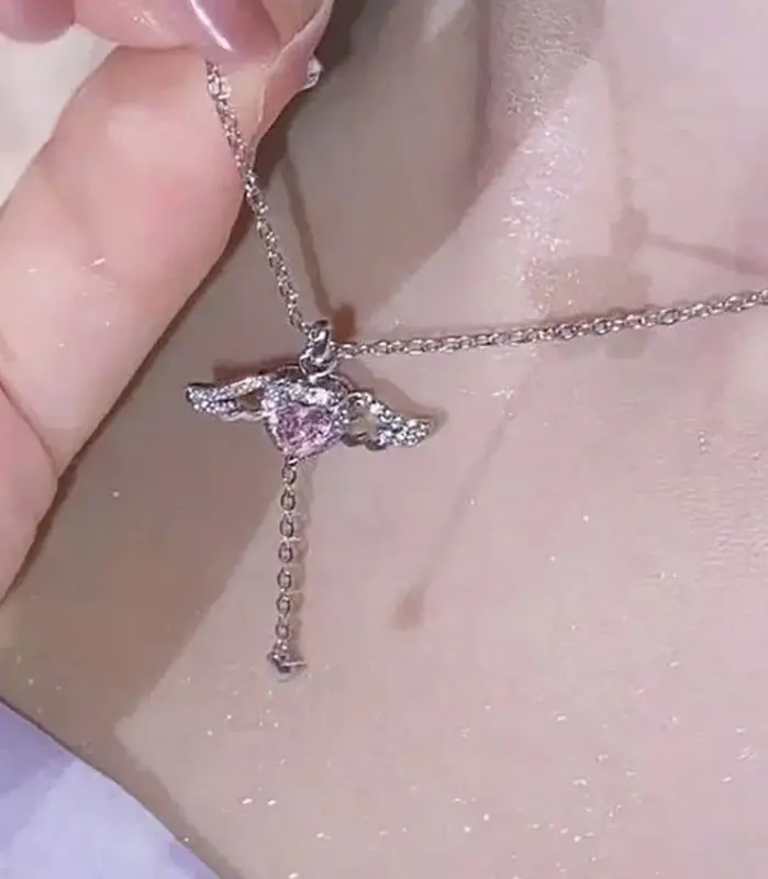 Conjunto de collares con colgante de corazón y alas de Ángel de cristal para mujer y niña, collar elegante de amor de circón blanco y rosa Y2K, conjunto de joyería para mujer 2