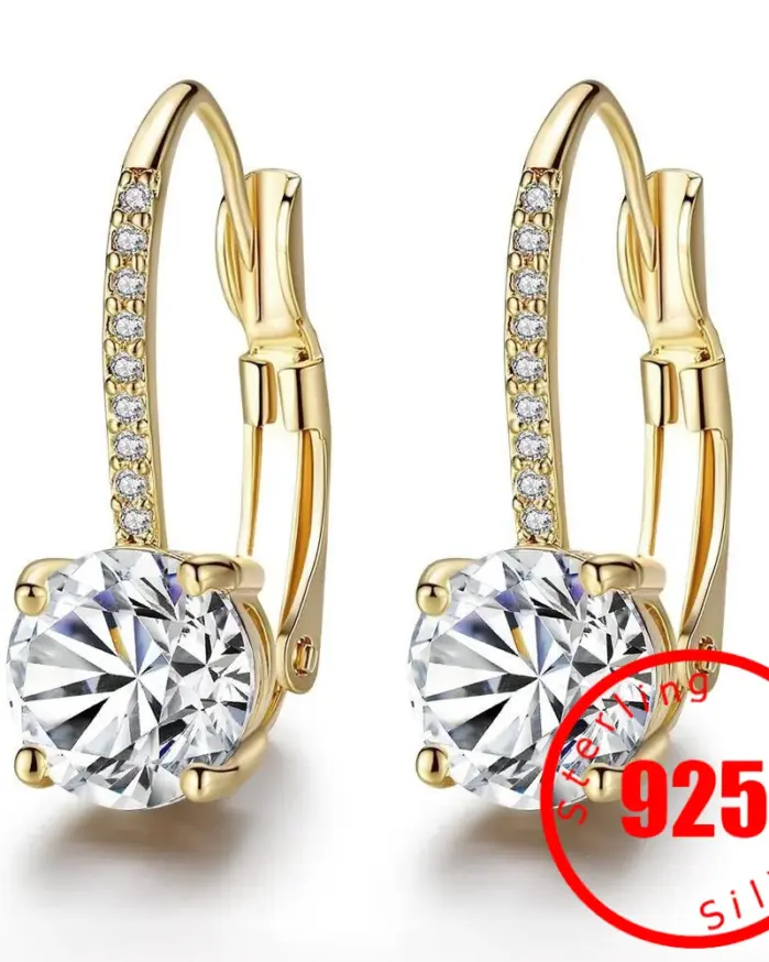 Sello brillante de lujo para mujer, pendientes de plata de ley 925 chapados en oro con incrustaciones de Boutique, pendientes de gota de gancho de circón blanco, regalo 1