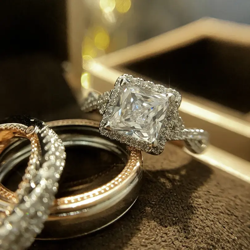 Conjunto de anillos de boda para novia, corte princesa de lujo, circonita cúbica, accesorios elegantes, joyería brillante para boda y hombre 4