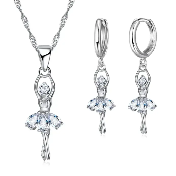 Conjuntos de joyería de alta gama para mujer, figura de Ballet para niñas, collar y pendientes de aro de Color Plata de Ley 925 habituales 1