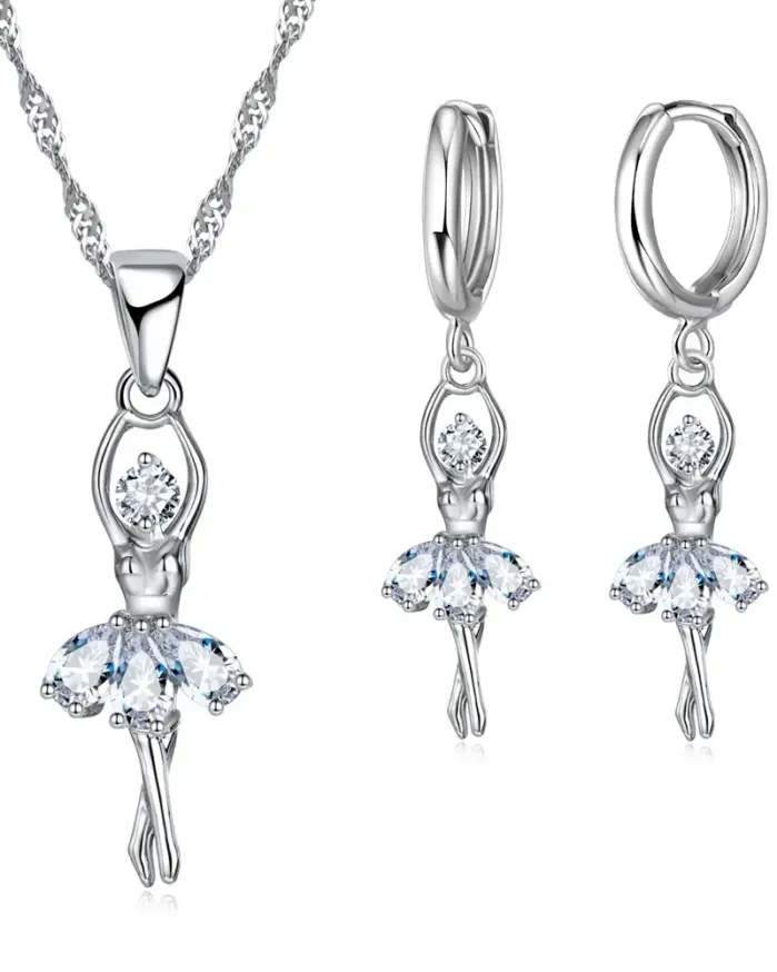 Conjuntos de joyería de alta gama para mujer, figura de Ballet para niñas, collar y pendientes de aro de Color Plata de Ley 925 habituales 1
