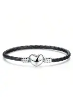 Pulsera de cuerda de cuero negro con cuentas de corazón de amor de Plata de Ley 925, fabricación artesanal, pulseras originales para mujer, regalo de joyería fina 4