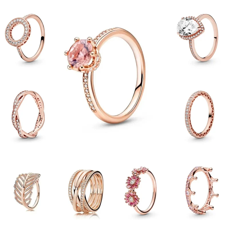 anillo clásico de Plata de Ley 925 de la serie de oro rosa, gema brillante, elegante anillo con dije de flor, regalo de cumpleaños para mujer 2