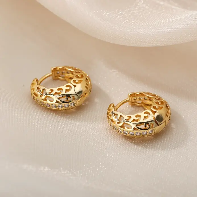 Pendientes de aro de flor hueca de circón para mujer y niña, tejido de acero inoxidable, exquisito pendiente redondo, regalo de joyería de boda 2