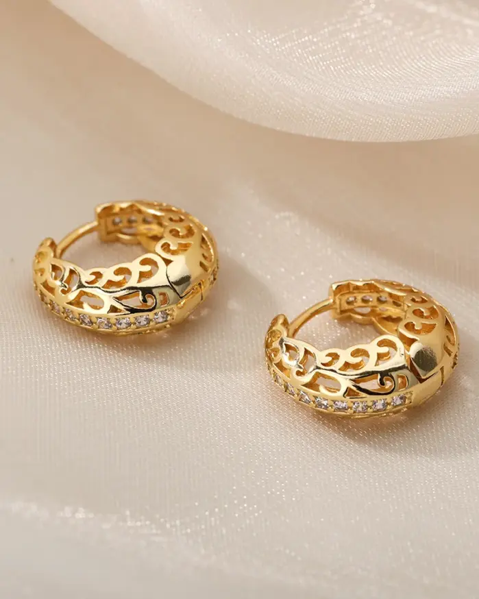 Pendientes de aro de flor hueca de circón para mujer y niña, tejido de acero inoxidable, exquisito pendiente redondo, regalo de joyería de boda 2