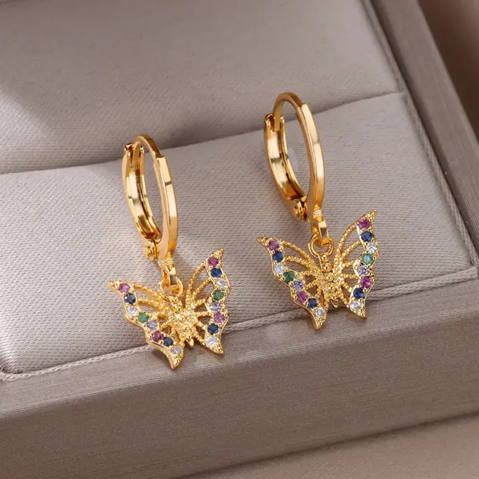 Pendientes de mariposa de circón para mujer, aretes de acero inoxidable chapados en oro con mal de ojo, joyería de boda de tendencia 2023, envío gratis 2