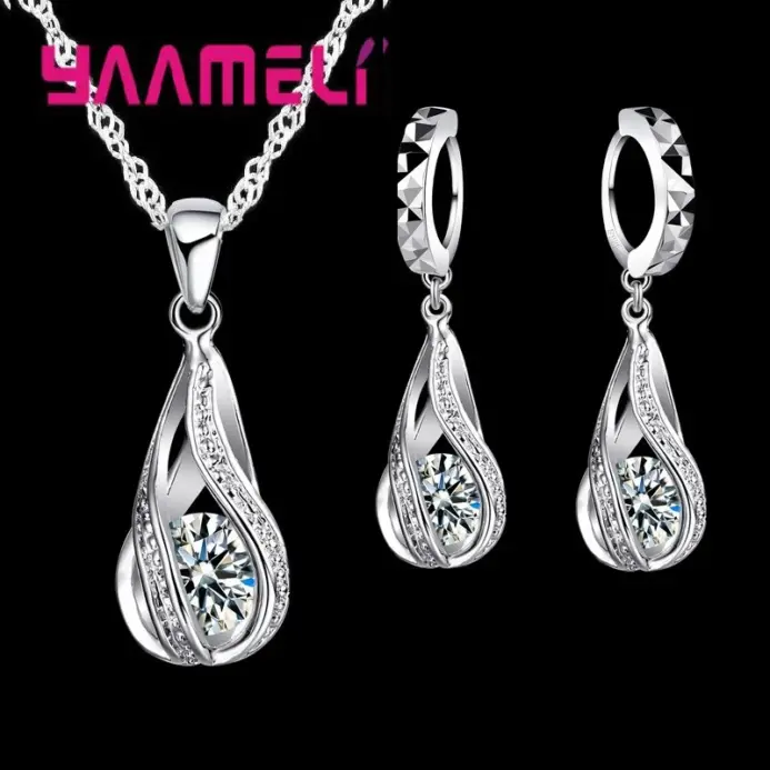 Gota de agua caliente CZ 925 conjunto de joyería chapada en plata esterlina para mujer colgante collar pendientes de aro fiesta de boda Ceremoey Anel 1