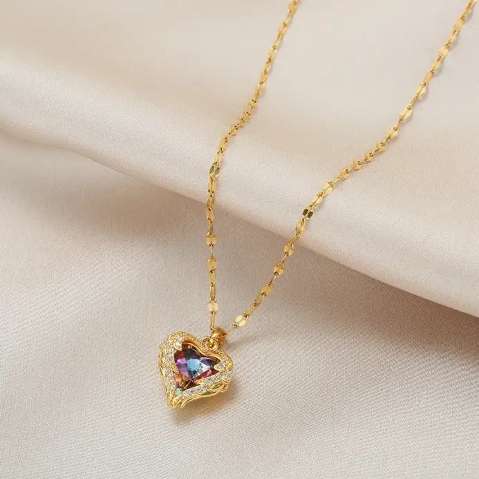 Collar con colgante de corazón de océano de cristal colorido de lujo superior para mujer, joyería de acero inoxidable 316L a la moda, cadena para cuello de boda para mujer 2