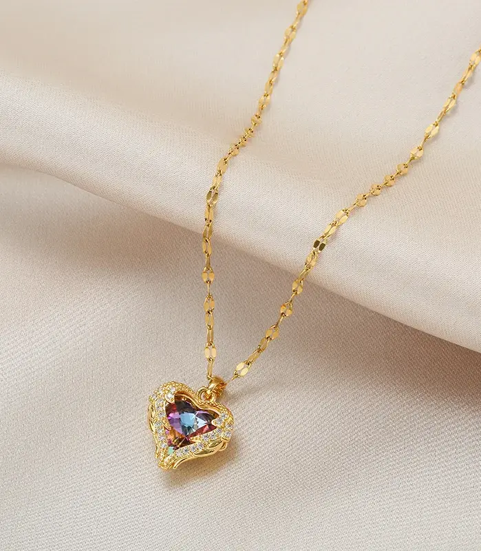 Collar con colgante de corazón de océano de cristal colorido de lujo superior para mujer, joyería de acero inoxidable 316L a la moda, cadena para cuello de boda para mujer 2