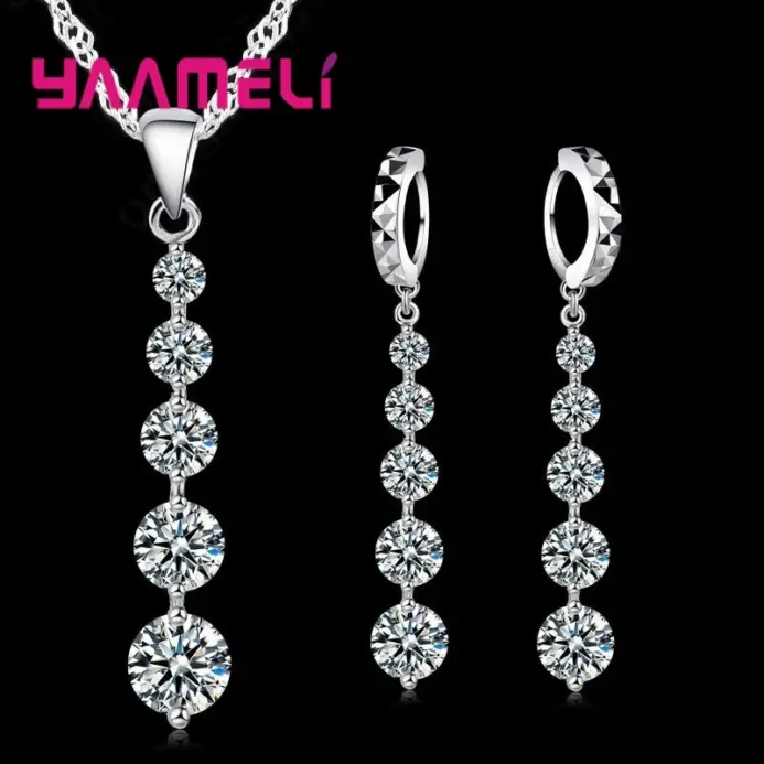 Conjunto de collares y pendientes largos para mujer, joyería de boda, conjuntos de joyería de boda de cristal de Color Plata de Ley 925 1