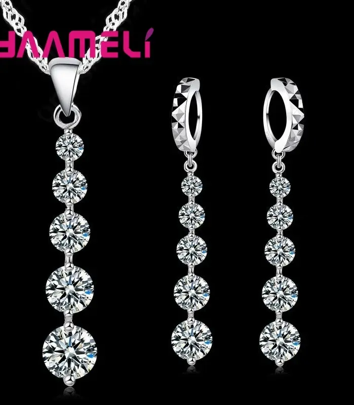 Conjunto de collares y pendientes largos para mujer, joyería de boda, conjuntos de joyería de boda de cristal de Color Plata de Ley 925 1
