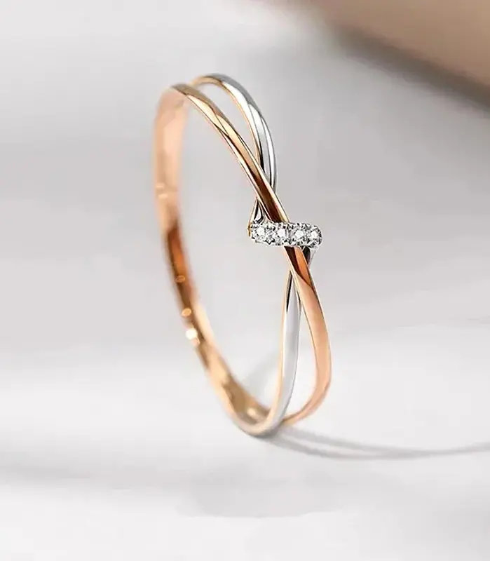 CAOSHI-anillos únicos de dos tonos con diseño retorcido para mujer, Circonia cúbica brillante, joyería romántica para boda, accesorios de uso diario 2