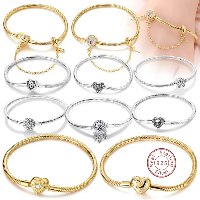 Pulsera Original de Plata de Ley 925, pulsera con dijes de 17-20CM, corazón dorado, llave de amor, pulsera de copo de nieve, brazalete, regalo de joyería para mujer 1