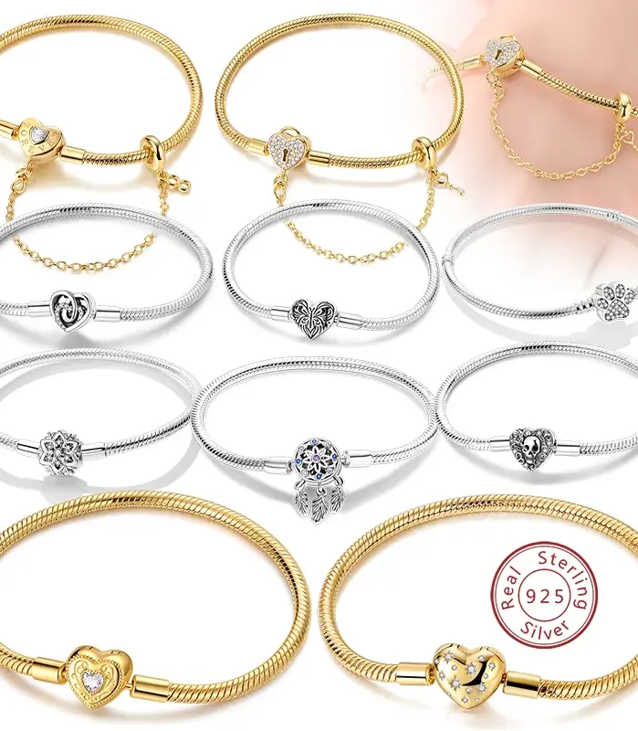 Pulsera Original de Plata de Ley 925, pulsera con dijes de 17-20CM, corazón dorado, llave de amor, pulsera de copo de nieve, brazalete, regalo de joyería para mujer 1
