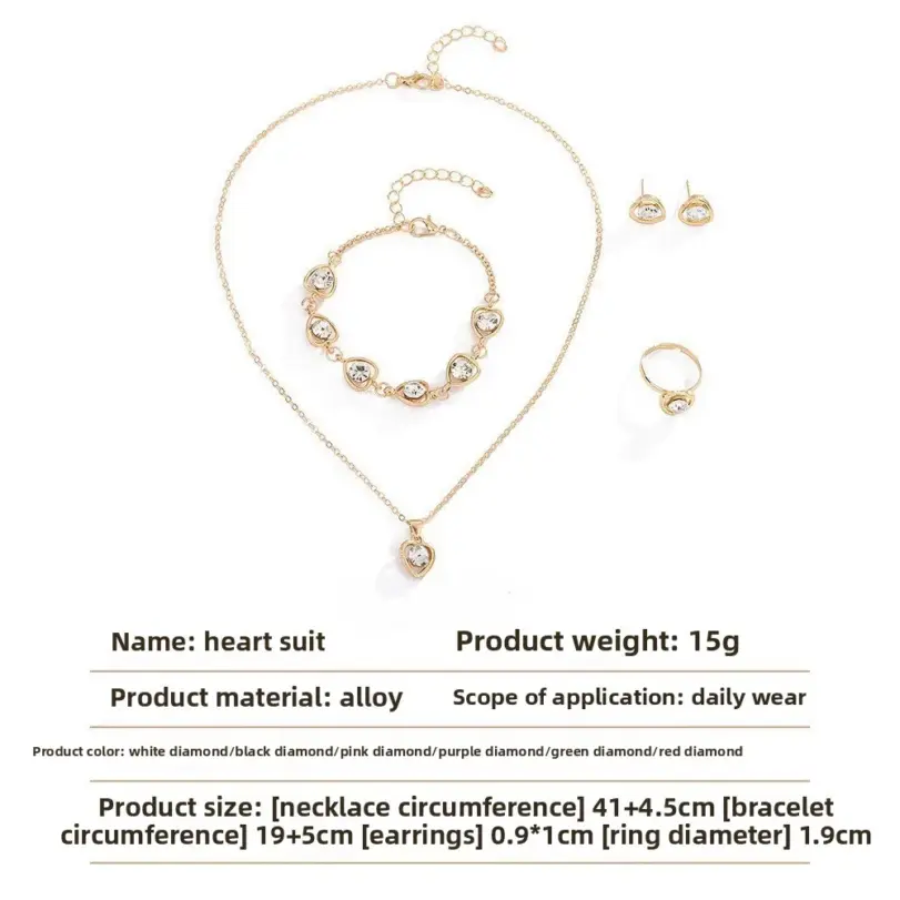 Conjunto de 4 Uds. De collar de cristal con forma de corazón para mujer, pulsera, anillo, pendiente, exquisito conjunto de joyería para fiesta y boda, regalo de vacaciones 6