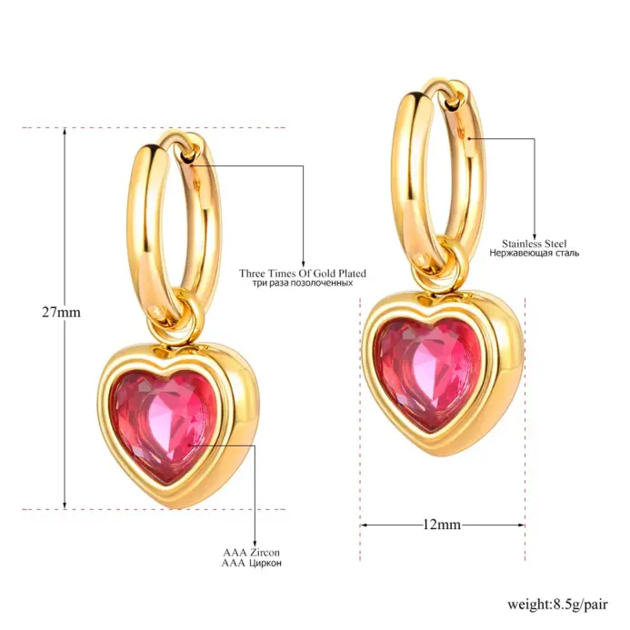 pendientes de corazón de acero inoxidable para mujer, joyería de circonia cúbica, aretesьги E23066 2